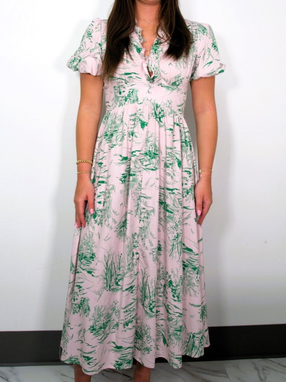 Meet me in Santorini Vintage-Inspired Pink & Green Toile Maxi Dress - Picture 7 of 8